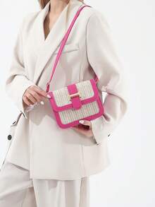 Sac en paille tressée pour femmes, sac bandoulière patchwork minimaliste à la mode, sac carré polyvalent de petite taille, mini sac carré, paille tressée avec matériau PU - Rose vif - Voir 4