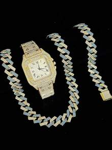 3pcs/Set European American Hip Hop Cuban Bracelet Necklace Watch Gift Set Quartz Watch - 3pcs - View 3