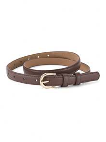 2pcs/Set Buckle Belt, Fashionable Versatile Minimalist Korean Style - Burgundy + Coffee Brown - View 3