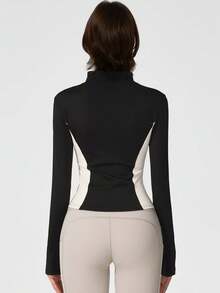 1 pieza Chaqueta deportiva de mujer con diseño de bloques de color, ajuste ceñido, elástica con cremallera, casual y de moda, para correr al aire libre, fitness, yoga y pilates, color negro - Negro - Ver 2