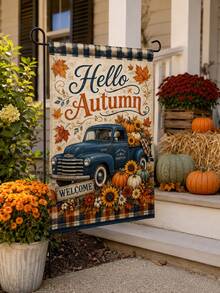 1 pieza Bandera de jardín vintage de camión Hello Autumn, lino rústico vertical azul con camioneta, calabaza, girasol, hoja de arce y borde a cuadros, pancarta de bienvenida para exterior, césped, porche y decoración de granja, adecuada para la cosecha de otoño, Acción de Gracias y entrada de granja - Multicolor 2 - Ver 4