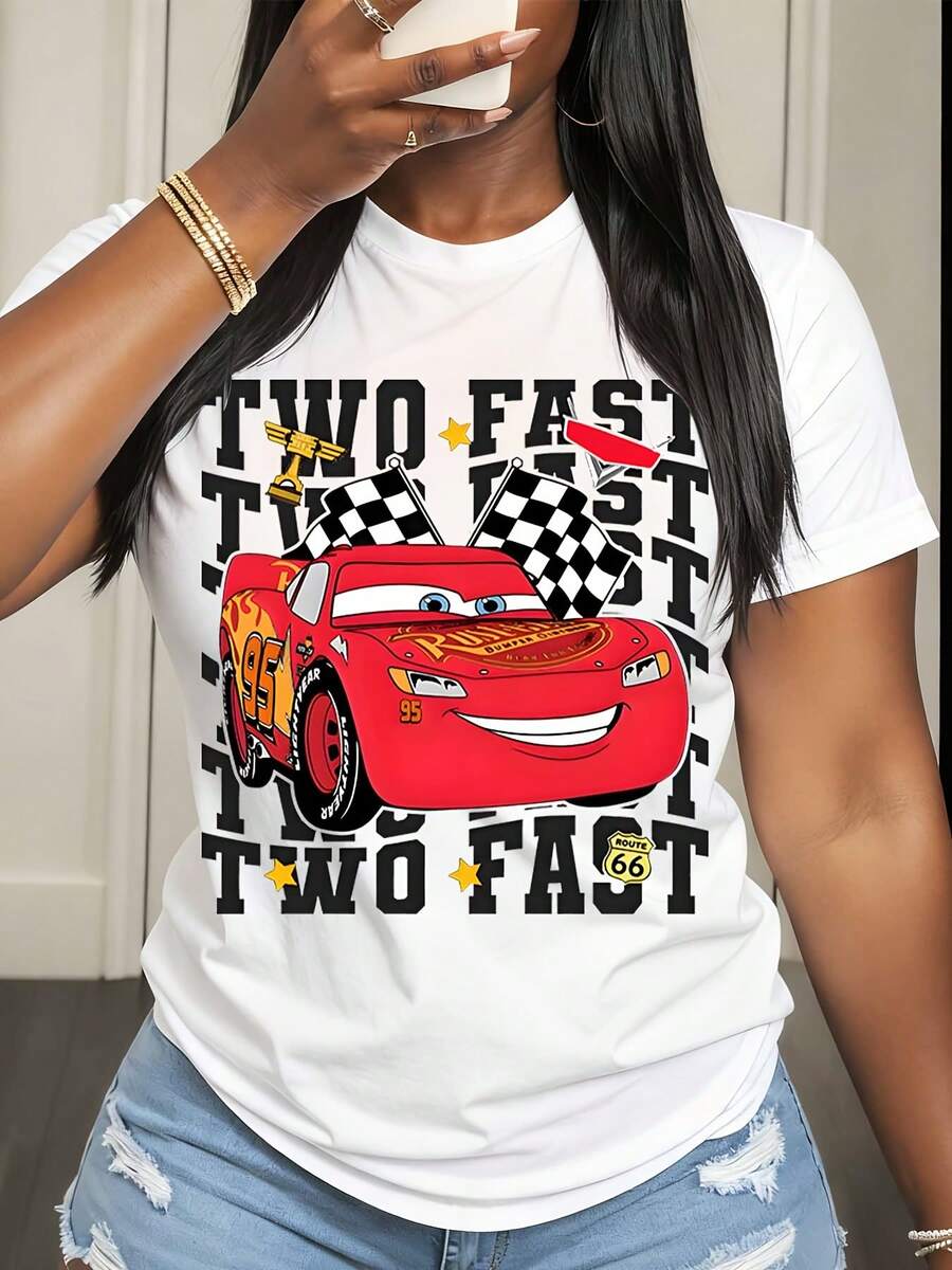 Disney Cars Lightning McQueen Two Fast Two Fast Printed T-Shirt For Women Casual Summer Fashion Streetwear Style - 白色 - 查看 1