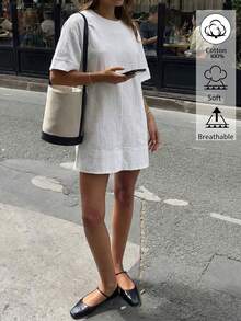 DORISS 夏季休閒街頭棉麻洋裝，圓領寬鬆通勤度假辦公短袖洋裝 白色優雅 - 白色 - 查看 1