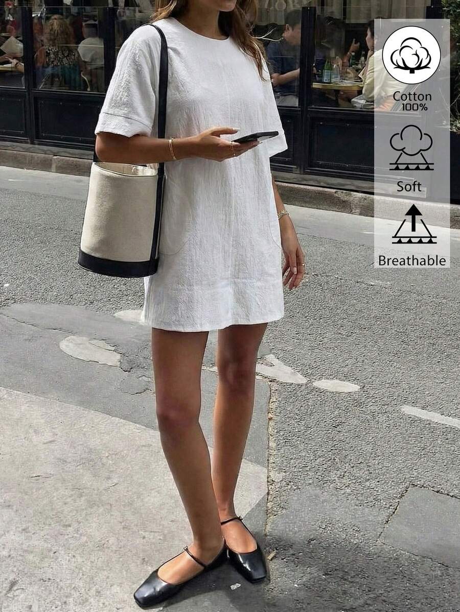 DORISS 夏季休閒街頭棉麻洋裝,圓領寬鬆通勤度假辦公短袖洋裝 白色優雅 - 白色 - 查看 1
