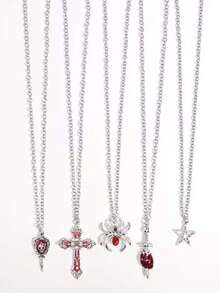1 Set Collar Punk Gótico con Colgante de Araña Roja, Colgante de Cruz, Colgante de Calavera - Multicolor - Ver 4