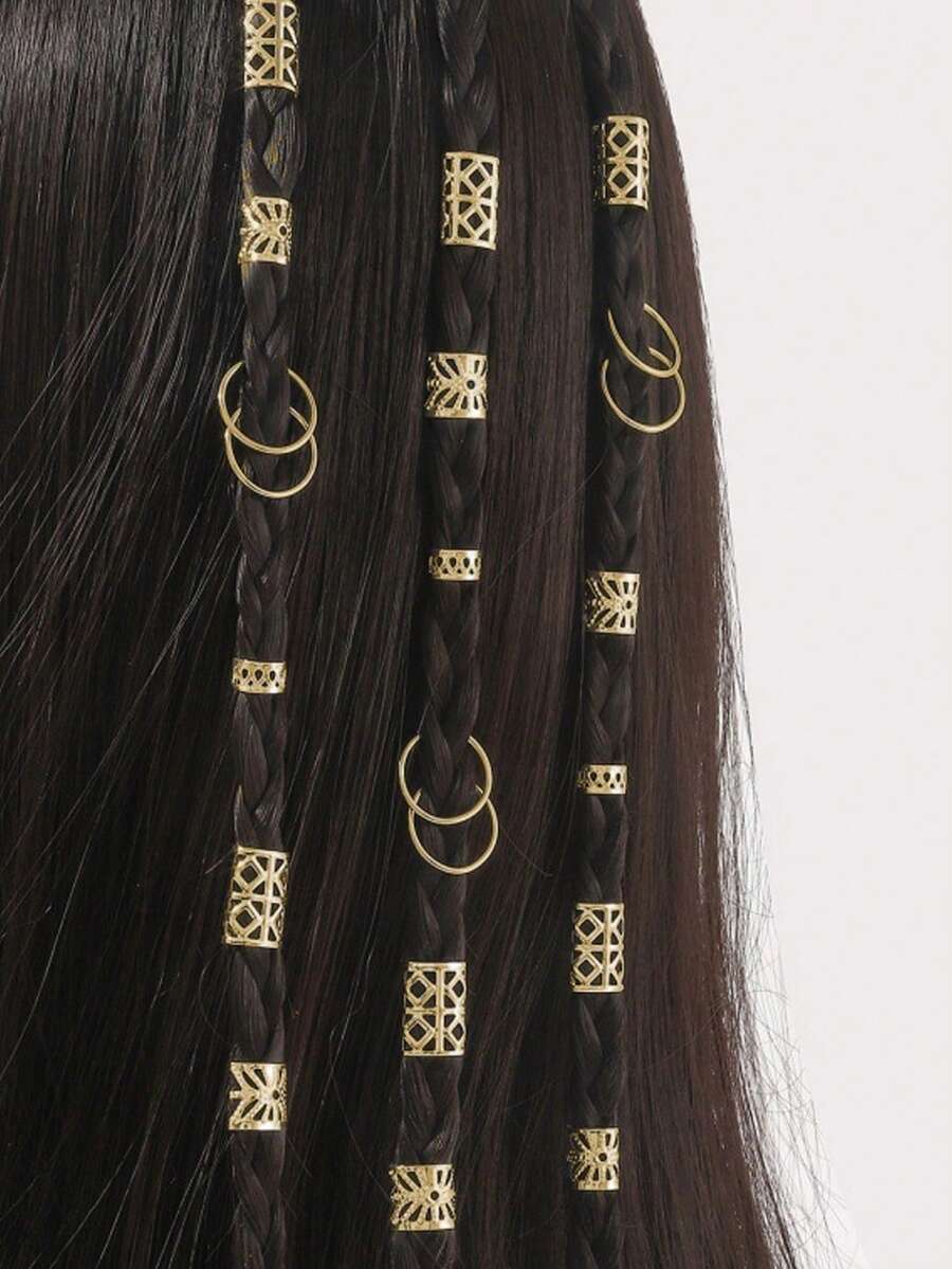 80 pièces Ensemble d'accessoires pour dreadlocks dorés mélangés, anneaux de bijoux en métal pour tresses & manchons creux, décorations de cheveux tressés gothiques Y2K pour femmes, fête de plage d'été - Doré - Voir 1
