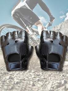 1 Pair Half-Finger Motorcycle Leather Gloves - Black - View 2
