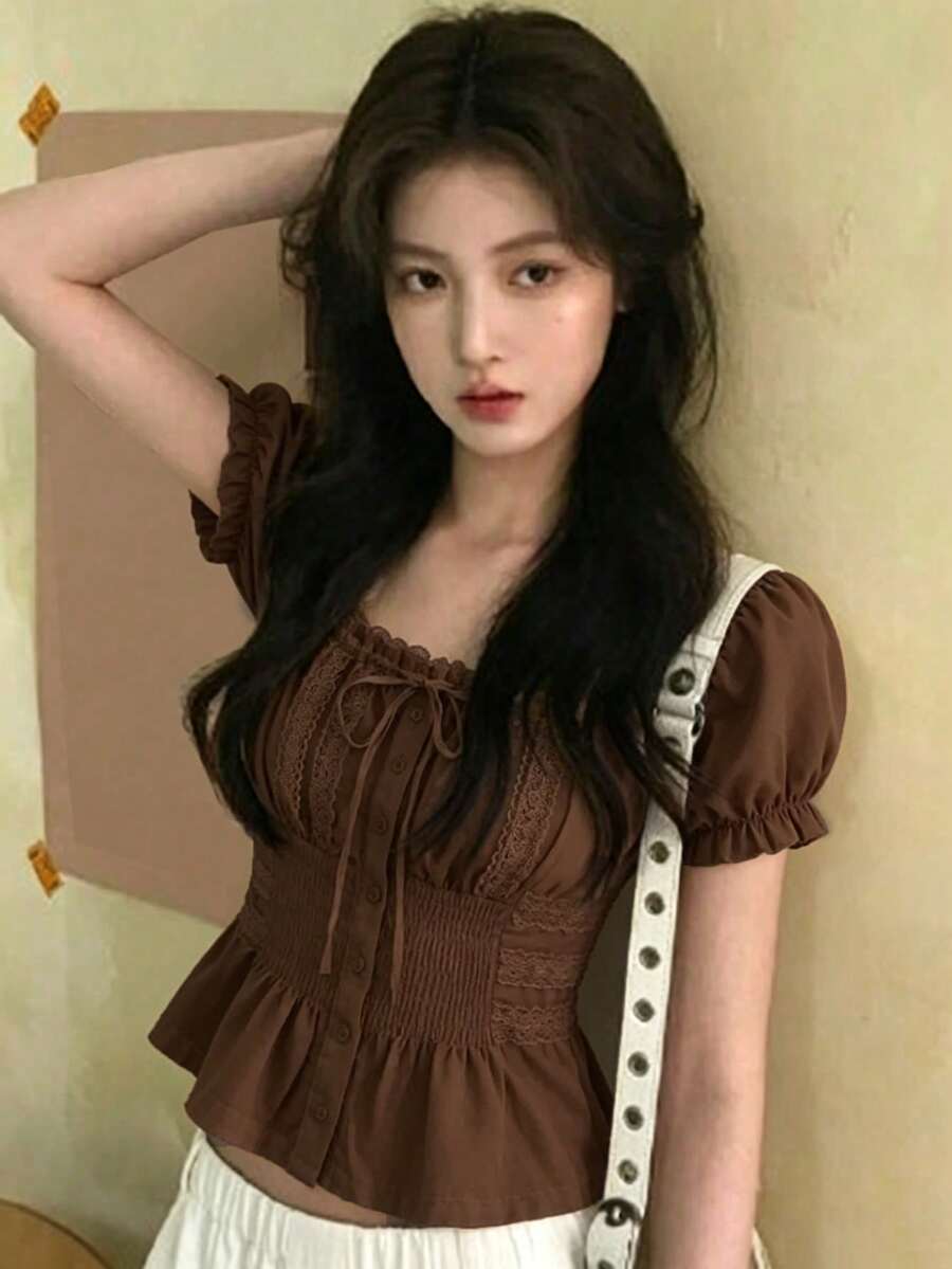 女款泡泡袖修身短袖襯衫 夏季棕色 - 棕色 - 查看 1