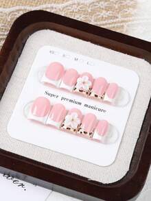 10pcs Short Square Press-On Nails, Pink Nude White French Ombre Leopard Print With 3D White Flower And Gold Stud Decor, Reusable Full Coverage Fake Nails, Suitable For Women Girls Daily Date Party Wedding Manicure Handmade Press On Nails - Multicolor - View 5