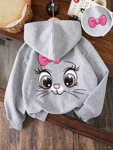 Tween Girl Cartoon Cat Print Warm Crew Neck Sweatshirt - Grey - View 1