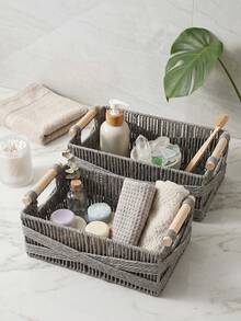 1pc/2pcs Paper Woven Storage Basket With Handle, Lace Decorated Desktop Organizer Box, Rectangular Basket Suitable For Cosmetics, Keys, Remote Controls, Snacks, Clothes And Toys, Home Multi-Functional Decorative Storage Rack, Halloween And Christmas Gift, Minimalist Style, Clean - Dark Grey - View 2