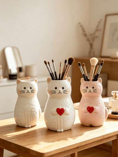 1pc Cute Cat Makeup Brush Holder, Multi-Functional Desktop Storage Bucket, Animal Shaped Cosmetic Storage Box, Vanity Home Decor