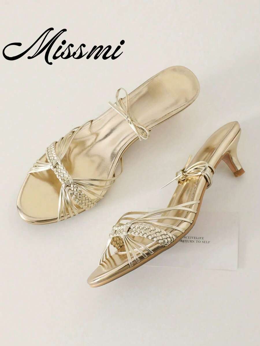 New Summer Woven Strap Open Toe High Heel Sandals,Kitten Heels - Gold - View 1