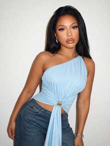 SEDA Atasan Tank Panjang Wanita Model Satu Bahu Polos dengan Detail Lipatan di Bagian Depan, Bahan Poliester, Cocok untuk Musim Panas - Baby Blue - View 3