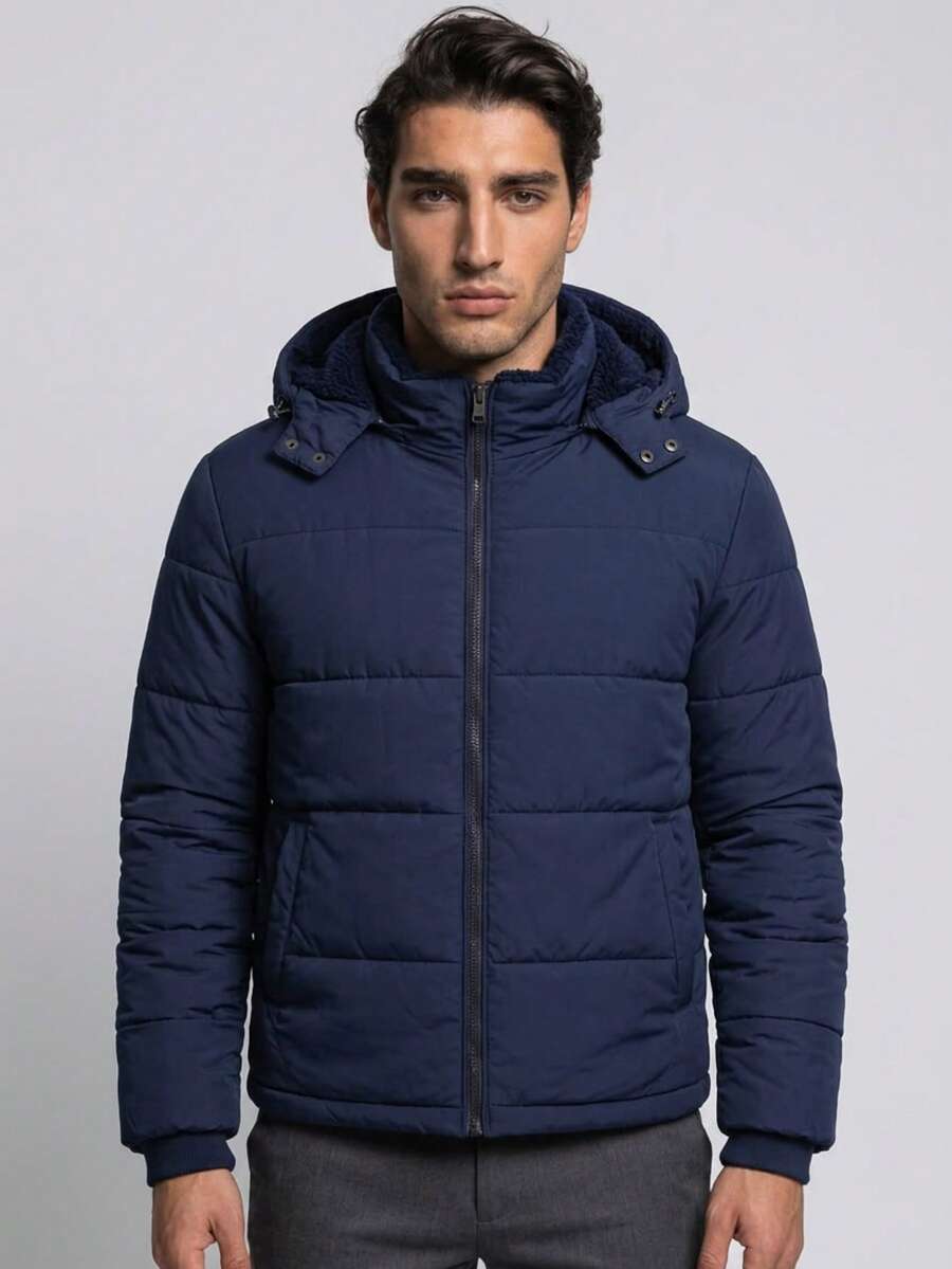 Men's Thermal Waterproof Lined Jacket With Hood, Winter Coat For Cold Weather - Navy Blue - View 1