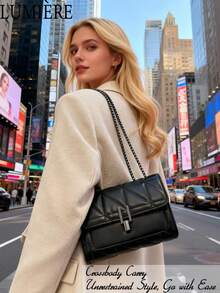 Elegant Black Quilted Crossbody Bag For Women Metal Chain Strap Shoulder Purse, Adjustable Strap, Polyester Lined, Urban Fashion Accessory - 黑色 - 查看 5