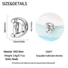 1pc S925 Sterling Silver 26 English Alphabet Bead, Original Rhinestone Star 3D Design, Versatile Spacer Bead Accessory, Compatible With Bracelets And Necklaces, Customizable Initial, Showcases Personalized Style, Meets Handmade Crafting And Daily Wear Needs - Silver - View 4