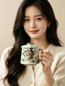 Chinese Vintage Floral Ceramic Mug With Lid, Traditional Peacock & Plum Blossom Pattern Porcelain Tea Cup, Large Capacity Handle Water Cup, Oriental Aesthetic Table Decor, Elegant Gift For Tea Lovers Office & Home Daily Drinking - Multicolor - View 1
