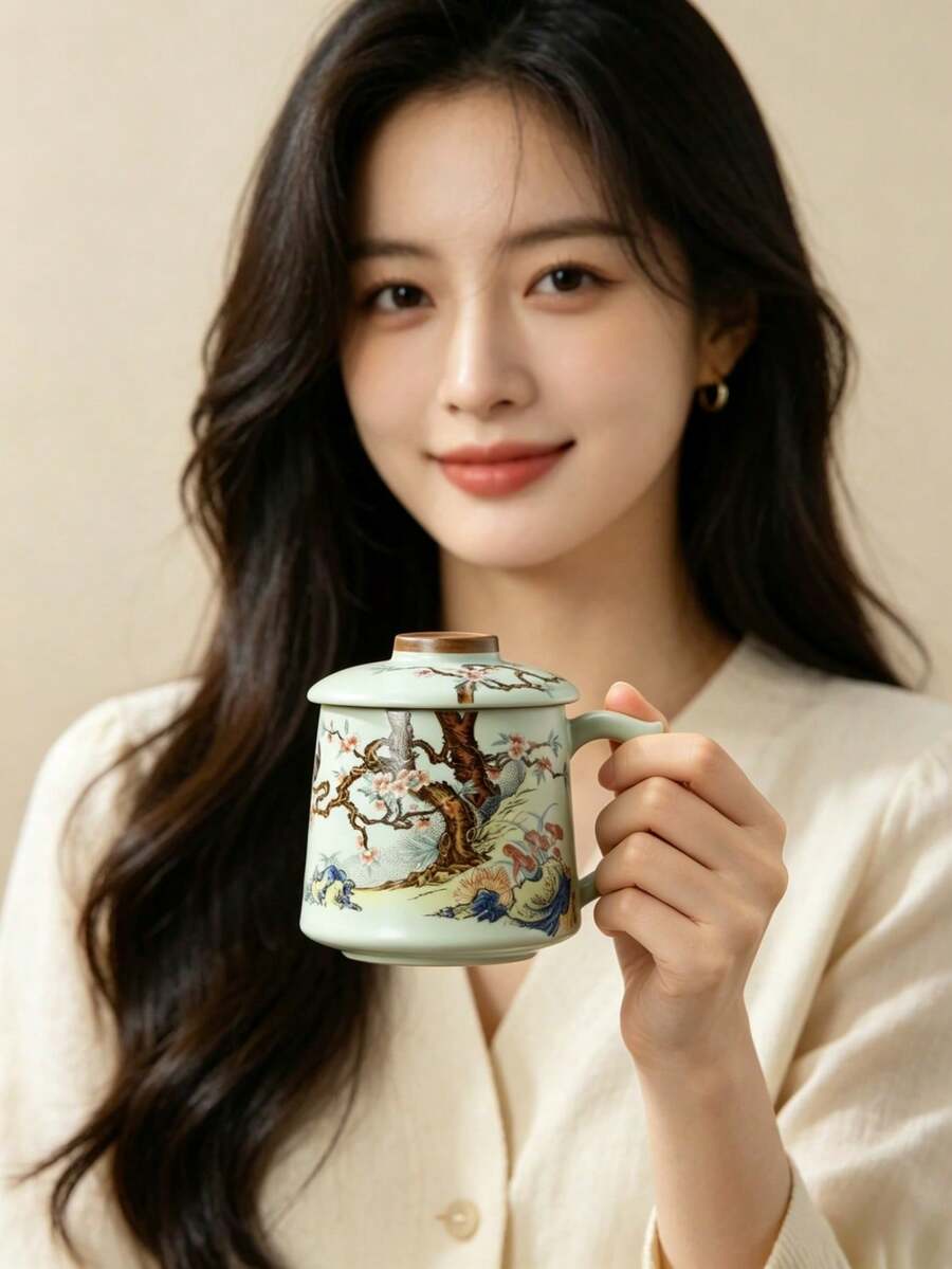 Chinese Vintage Floral Ceramic Mug With Lid, Traditional Peacock & Plum Blossom Pattern Porcelain Tea Cup, Large Capacity Handle Water Cup, Oriental Aesthetic Table Decor, Elegant Gift For Tea Lovers Office & Home Daily Drinking - Multicolor - View 1