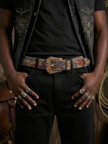 1pc Men's Western Style Frosted Carved Belt, Summer Versatile Jeans Accessory, Rock Western Style Belt With Ornate Gold Buckle, Floral Jacquard Strap With Rhinestone Studs - Multicolor - View 2