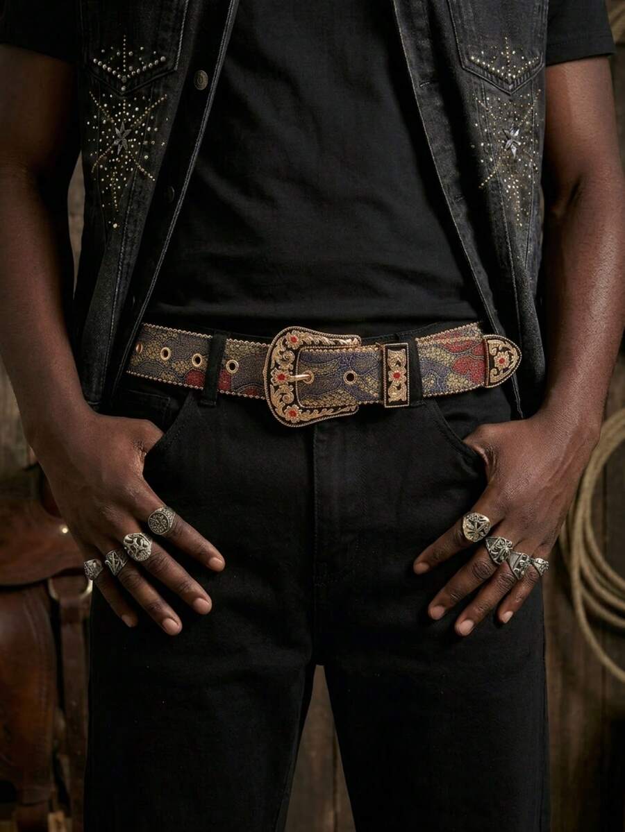 1pc Men's Western Style Frosted Carved Belt, Summer Versatile Jeans Accessory, Rock Western Style Belt With Ornate Gold Buckle, Floral Jacquard Strap With Rhinestone Studs