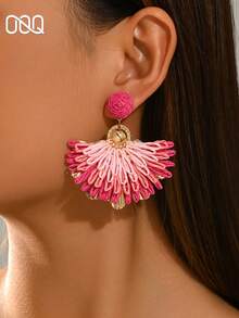 OOQ 1 Pair Bohemian Style Geometric Fan-Shaped Colorful Raffia Handmade Earrings, Dopamine Summer Vacation Party Music Festival Any Holiday Gift Women's Earrings - Hot Pink - View 4