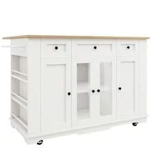 Kitchen Island, Removable Partitions, Kitchen Unit, Serving Cart With Worktop, Sideboard, Wood-Effect Serving Cart, Sideboard, Tempered Glass Display Cabinet, White - White - View 8
