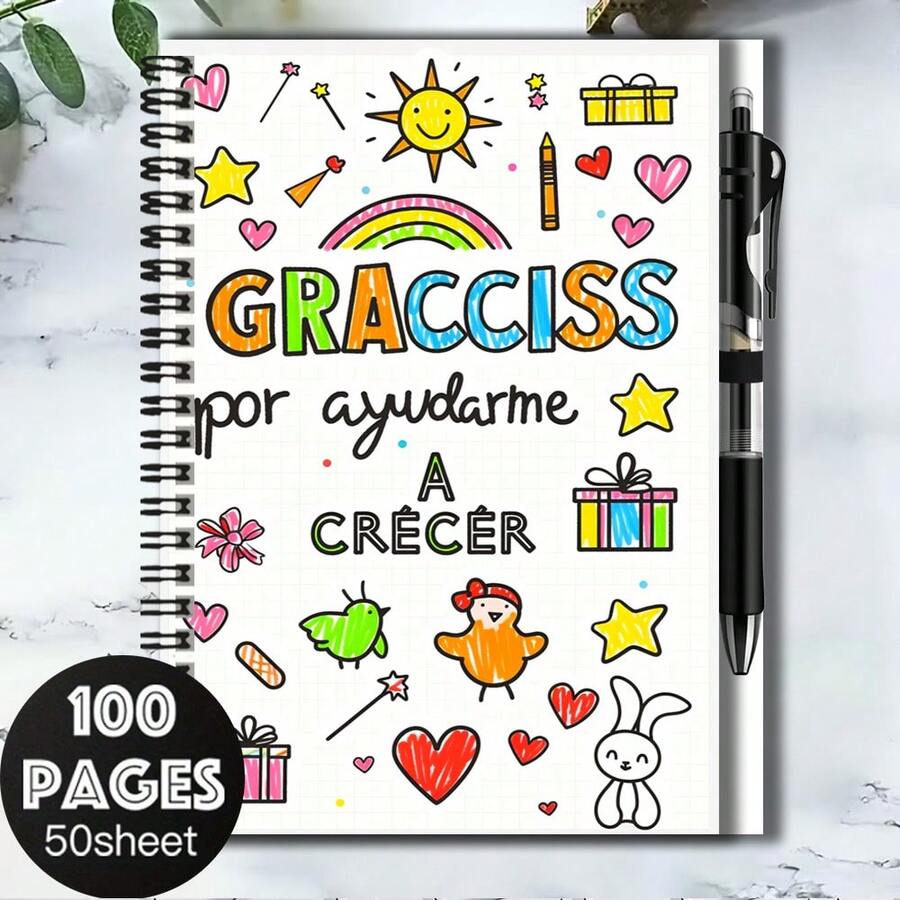 1套可愛手繪風螺旋線圈筆記本+筆組,「GRACISS Por Ayudarme A CRECER」文字配彩色圖案,充滿童年魅力。適合返校、工作、學習等場景,可用作日記、日誌、備忘錄。畢業禮物、生日禮物的絕佳選擇,100頁滿足多樣書寫需求。 - L - 查看 1
