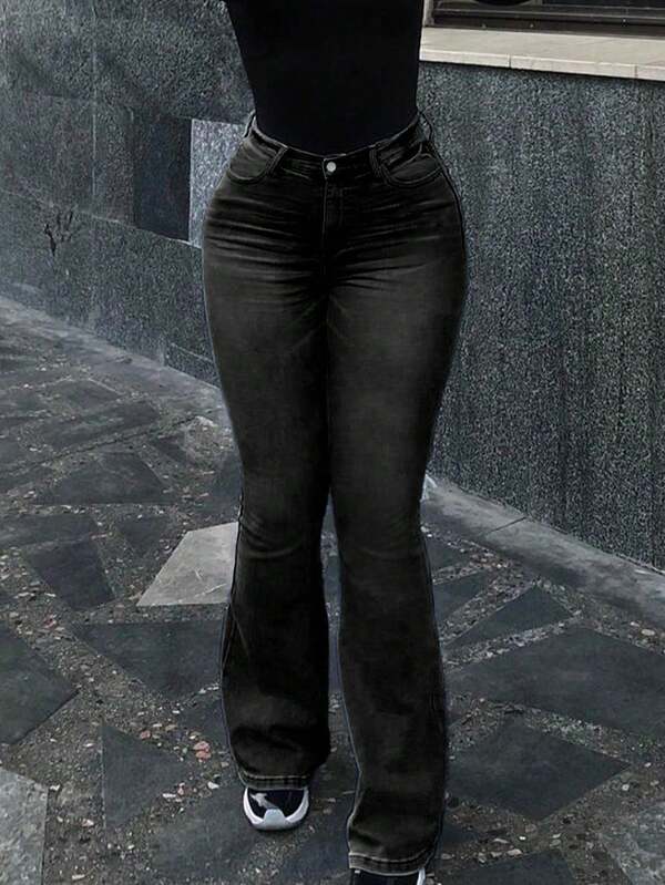 Jeans negros casuales de primavera para mujer, con efecto desgastado y elásticos, de corte skinny y acampanado