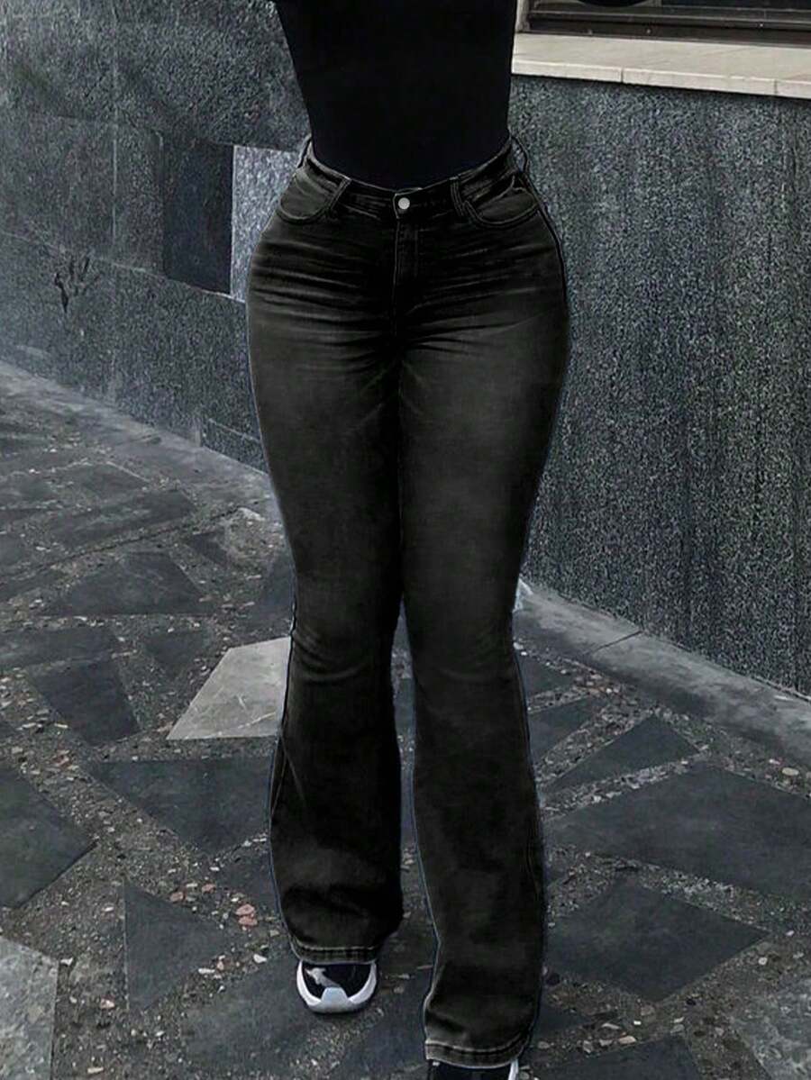Quần jeans nữ ống loe ôm sát, co giãn, rách nhẹ, màu đen, thích hợp cho mùa xuân. - màu đen - Xem 1