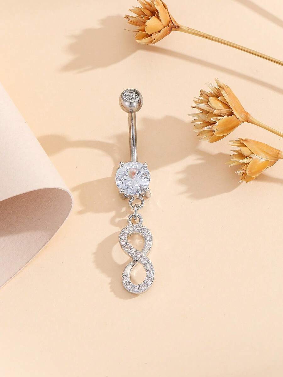 1pc Fashionable Stainless Steel Rhinestone Zirconia Digital Belly Button Piercing, Suitable For Women's Daily Wear - Multicolor - View 1