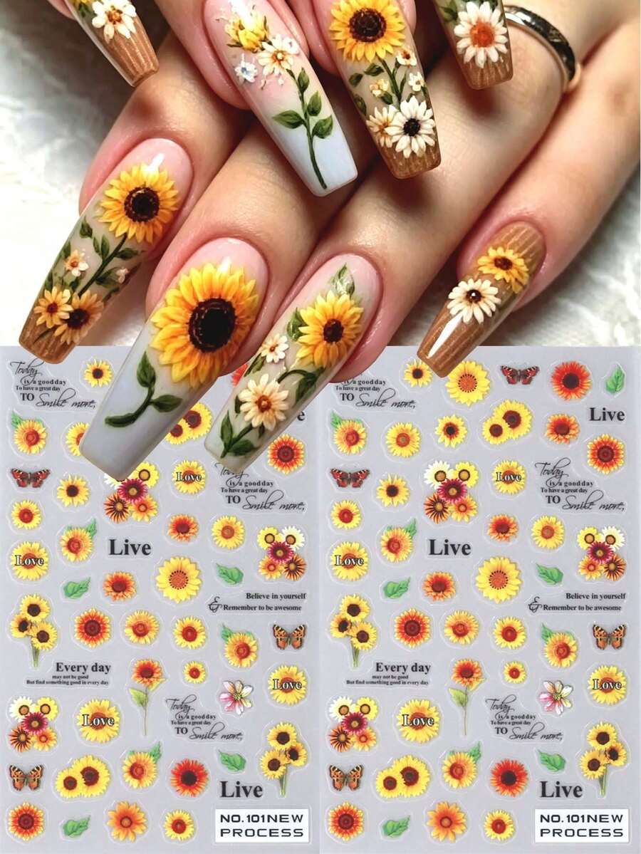2 Folhas de Adesivos de Arte de Unhas com Girassol, Padrão de Margarida, Borboleta e Folha, Decalques de Unhas Autoadesivos, Decoração de Unhas DIY para Salão de Unhas, Suprimentos Elegantes para Unhas Femininas - Multicolorido - Visão 1