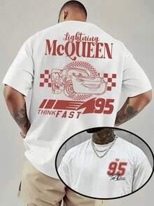 Disney Car Lightning McQueen Think Fast Pure Cotton Men's T-Shirt, Unisex Summer T-Shirt - 白色 - 查看 1