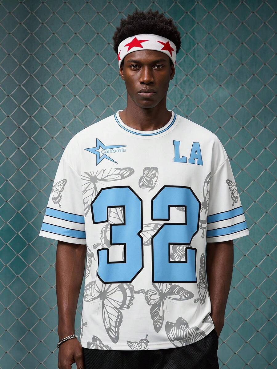 EVRINFINITE Herren Retro LA Streetwear T-Shirt - Weißes Baseball Shirt mit großem "32" Grafikdruck, leichter Sommer Sportlich Lässig Top, Outdoor Lässig Bekleidung, atmungsaktives Design, bequeme Passform, Grafikdruck - Verschiedenfarbig - Übersicht 1
