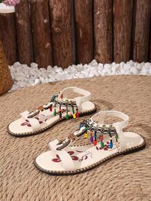 Women's White Bohemian Style Colorful Beaded Thong Sandals With Back Strap, Flat Vacation Beach Shoes - White - View 2