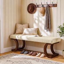 LITTLE TREE 48 Inch Upholstered Bench, Solid Wood Entryway Bench With Soft Cushion, Mid-Century End Of Bed Bench With Curved Leg For Bedroom Entryway - White & Brown - View 8