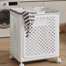 1pc Large Foldable Laundry Basket With Wheels - Modern Plastic Rolling Clothes Basket, Suitable For Bathroom And Balcony - Space-Saving Foldable Toy Storage Bin, Multi-Functional Rectangular Home Organizer Basket For Home Storage - Multicolor - View 3