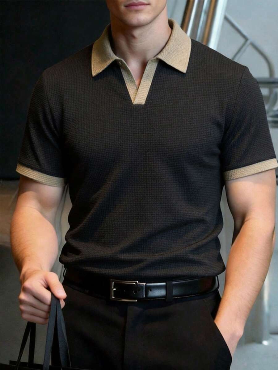 男士夏季輕量休閒運動 Polo 衫,簡約時尚日常穿著,短袖領口上衣 - 黑色 - 查看 1