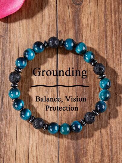 Men's Grounding Beaded Bracelet Natural Blue Tiger With Lava Protection, Strength Bracelet, Stability, Confidence,Spirit, Retro Fashion Jewelry Unisex