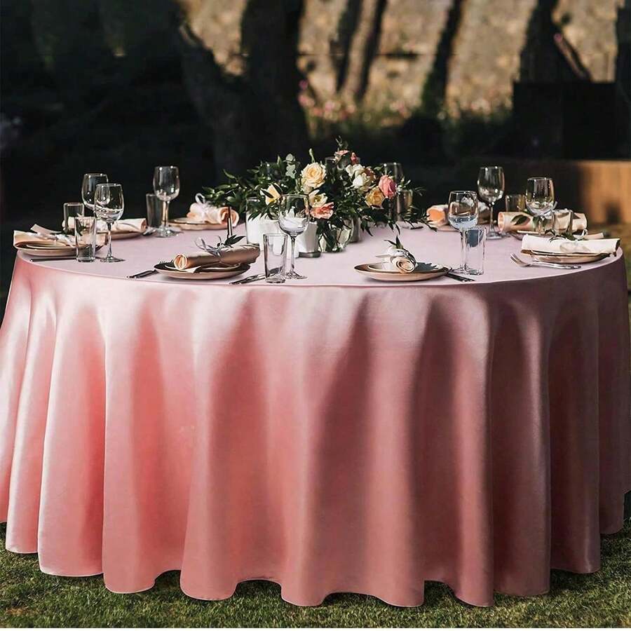 1pc Multi-Color Classic Art Hotel Home Round Tablecloth, Satin Finish, Suitable For Wedding, Valentine's Day And Daily Use - Pink - View 1