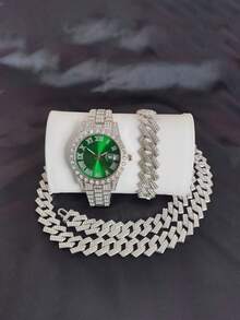 3pcs/Set European And American Hip Hop Cuban Bracelet Necklace Watch Gift Set Quartz Watch - 3pcs - View 2