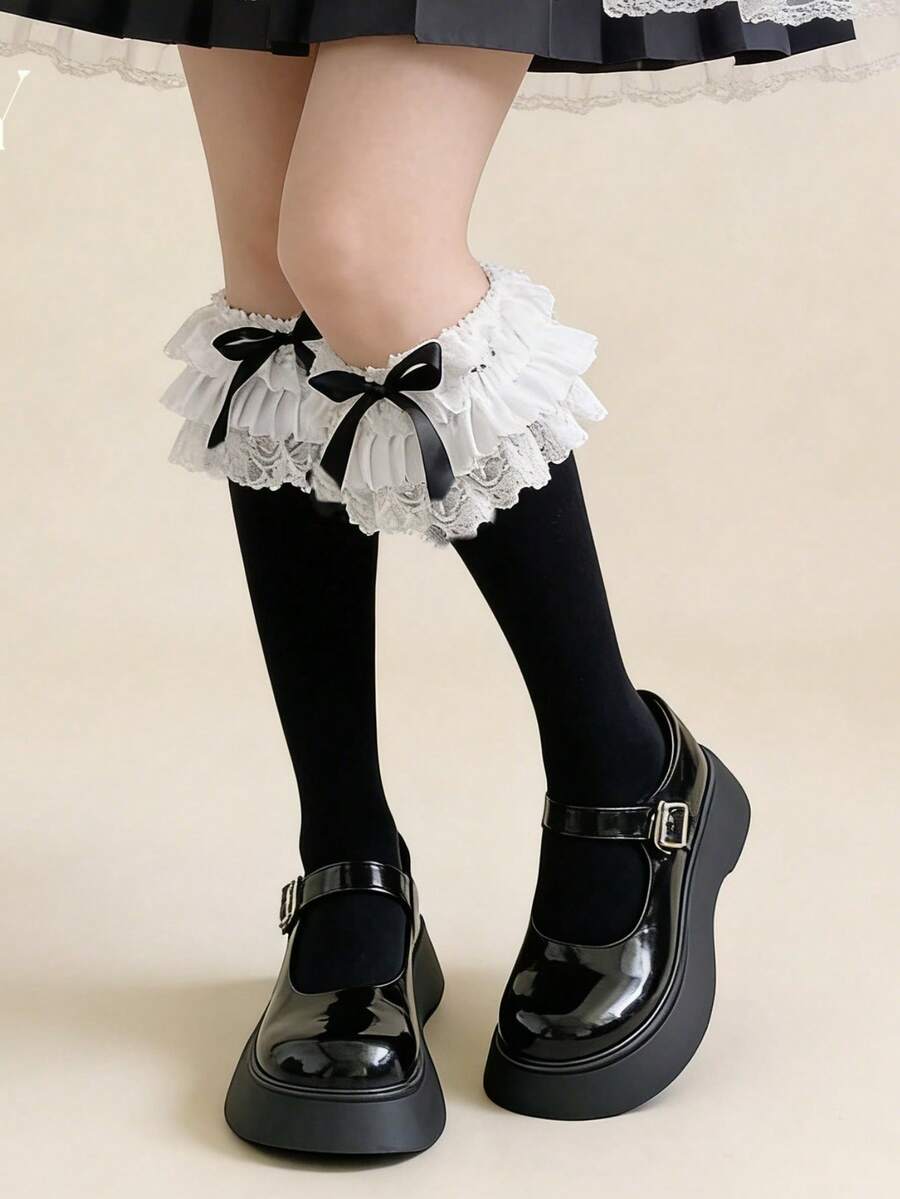 1 Pair Women's Multi-Layer Lace Ruffle Bow Leg Warmers JK Slouch Socks - Black - View 1