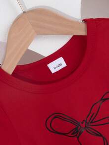 Summer Baby Girl Fashionable Bow Print T-Shirt & Casual Wide Leg 3D Bow Pants Set - Red - View 5