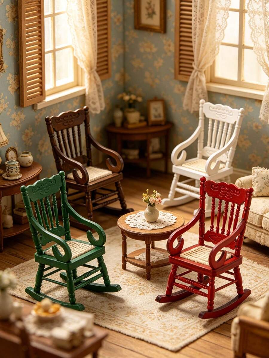 1pc 10.2cm Dollhouse Miniature Rocking Chair, Multi-Color High Back Curved Armrest Rocking Design, Miniature Scene Construction, Doll Photography Backdrop Decoration, 1:12 Scale Dollhouse Interior Furniture Accessory, Suitable For Christmas, Birthday, Valentine's Day Gifts, Bedroom, Living Room, Country Cottage Micro Landscape Decor, All-Season Handmade Miniature Craft - Multicolor - View 1