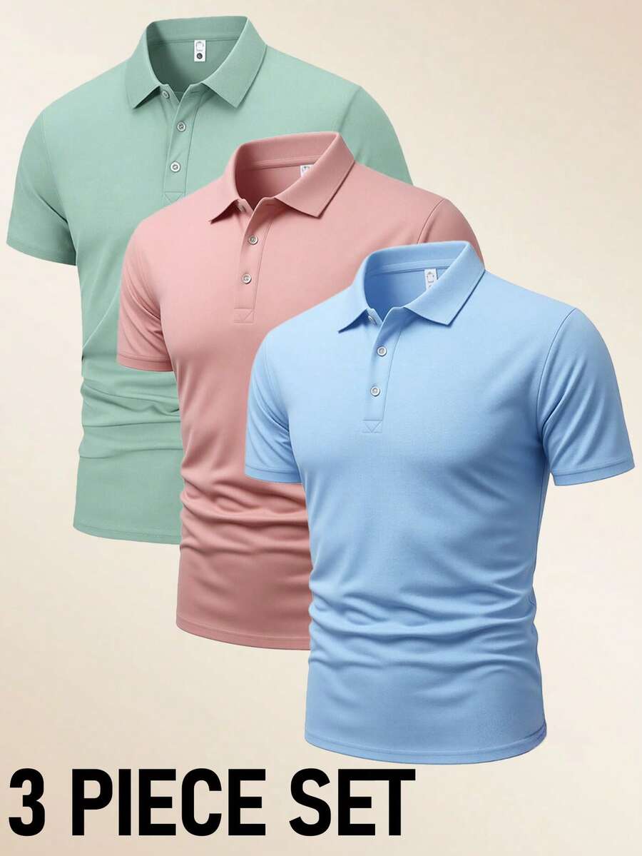 3件組時尚百搭男士夏季 Polo 衫,透氣舒適短袖上衣,休閒商務 Polo 衫,戶外上衣 - 彩色 - 查看 1