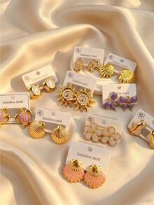 4/8/12 piezas Pendientes de tortuga de acero inoxidable con esmalte dorado - Accesorios de playa para mujer - Estilo de verano - Adecuado para salidas a la playa, fiestas en la piscina y uso diario - Multicolor - Ver 4