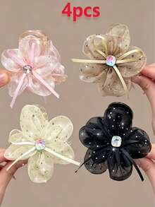 4pcs New Spring And Summer Floral Hair Clips, Net Hair Clips, High Ponytail And Bun Fixers, Hair Accessories - Multicolor - View 2