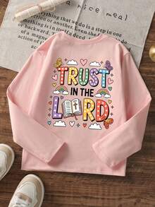 Tween Girls Cute Rainbow Butterfly & Letter Print Crew Neck Sweatshirt, Soft Casual Long Sleeve Pullover For 8-12Y - Pink - View 3