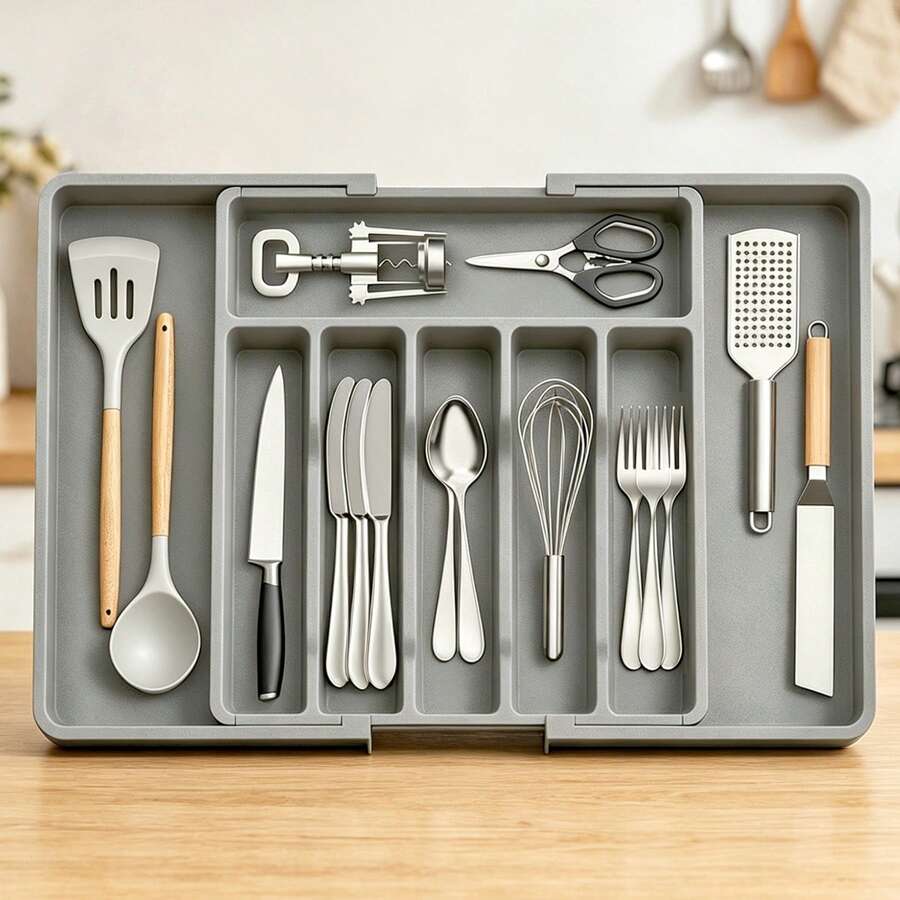 1 pieza Caja de almacenamiento de cubertería, bandeja organizadora de cubiertos ajustable, caja de almacenamiento de cajón de plástico retráctil, organizador divisor de cajón, bandeja de almacenamiento, para almacenamiento de diversos utensilios de cocina, herramienta de almacenamiento de cocina