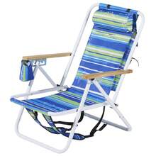 Folding Beach Chair Set Of 2 Adults, 4 Position Portable Backpack Foldable Camping Chair With Headrest Cup Holder And Wooden Armrests, Blue & Green Stripes - 1 - View 5